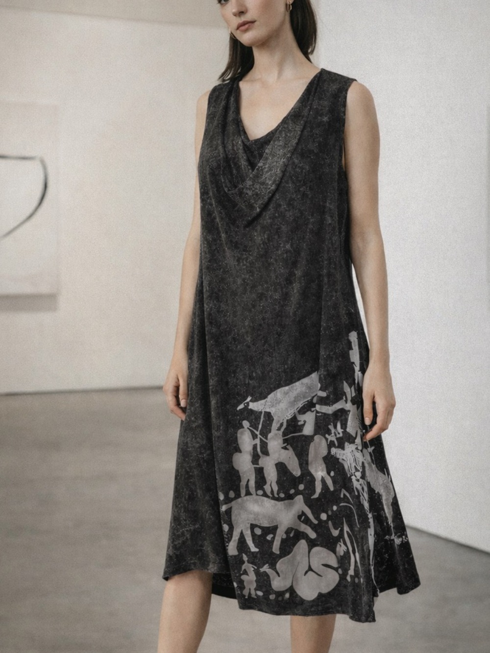 Heyne Bogut Hand Dyed Tribal Print Dress Size 2 (S/M) Black Cowl Neck Artwear